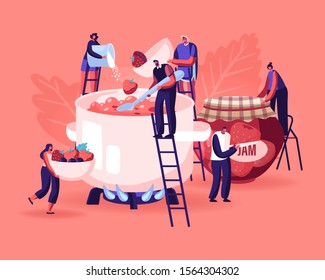 People Cooking Jam Concept Tiny Male and Female Characters Put Fresh Strawberries, Blackberries and Sugar to Huge Pan Standing on Gas Oven and Put Dessert to Glass Jar. Flat Vector Illustration