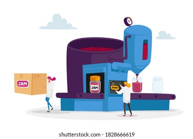 Leute, die Marmelade-Konzept kochen. Winzige männliche und weibliche Charaktere in riesiger Maschine Kochen Süßigkeiten frischen Himbeeren und Zucker in Pan und Packing Dessert zu Glass Jars. Vektorgrafik von Cartoon People