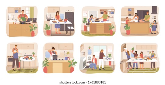 People cooking in the kitchen. Collection of various people cartoon character preparing food