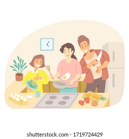 Menschen, die in der Küche kochen, zusammen essen, den Tisch servieren, Essen essen.hausgemachte Mahlzeiten zum Abendessen zubereiten, handgezeichnet. Flacher Cartoon, Vektorgrafik.