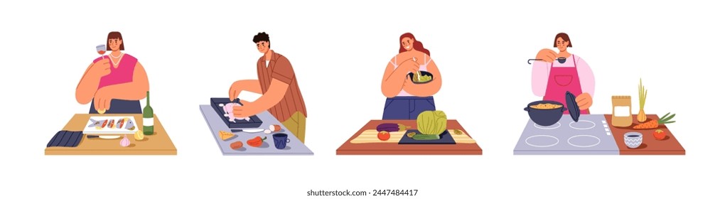 People cooking in kitchen set. Characters cook home meals. Man bakes chicken, turkey. Women prepare fish, mix salad, boil soup, taste dish. Flat isolated vector illustration on white background