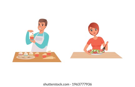 People Cooking in the Kitchen Set, Man and Woman Cooking Cupcakes and Salad Cartoon Vector Illustration