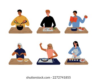 People cooking in kitchen set. Men and women preparing tasty dishes cartoon vector illustration