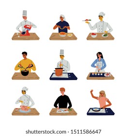 People Cooking in the Kitchen Set, Professional Chefs Characters Wearing Classic Traditional Uniform Working in Restaurant or Cafe, Young Men and Women Cooking at Home Vector Illustration