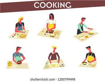 People cooking at kitchen table and stove.