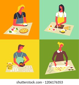 People cooking at kitchen table and stove.