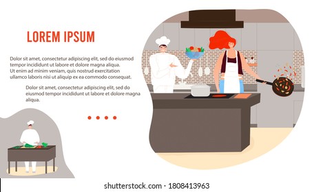 People cooking in kitchen vector illustration. Cartoon flat happy man woman chef characters in aprons cook healthy food on dinner together in modern home kitchen interior, easy fun culinary banner