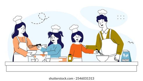 Personas en clase magistral de cocina. Hombre y mujer enseñan a cocinar a niño y niña. Padre, madre, hija e hijo en la cocina. Formación y aprendizaje. Ilustración vectorial lineal aislada sobre fondo blanco