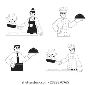 People cooking monochromatic flat vector characters. Editable half body of male and female on white. Food serving. Simple bw cartoon spot images pack for web graphic design