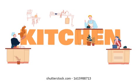 People Cooking On Kitchen Concept. Male And Female Characters In Chef Dressing Prepare Food. Healthy Nutrition, Tv Show, Class Workshop Poster Banner Flyer Brochure. Cartoon Flat Vector Illustration