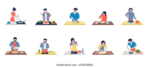 People cooking on kitchen, cutting food and cook on stove. Woman bake, student do breakfast or dinner. Person and boiling water in pot recent vector scenes