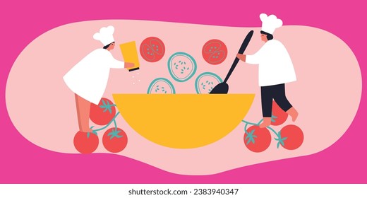 People cooking on kitchen table set vector flat illustration. Collection of various cartoon man, woman, couple and family preparing food. 
