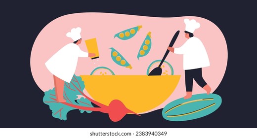 People cooking on kitchen table set vector flat illustration. Collection of various cartoon man, woman, couple and family preparing food. 
