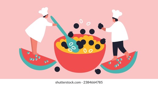 People cooking on kitchen table set vector flat illustration. Collection of various cartoon man, woman, couple and family preparing food. 
