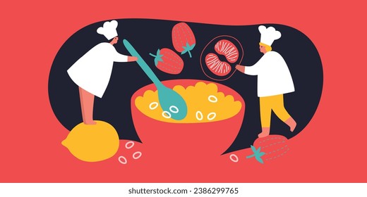 People cooking on kitchen table set vector flat illustration. Collection of various cartoon man, woman, couple and family preparing food.