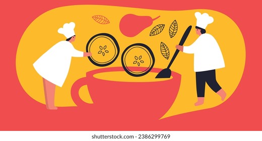 Menschen, die auf einem Küchentisch kochen, Vektorgrafik. Sammlung verschiedener Cartoons Mann, Frau, Paar und Familie, die Essen zubereiten.