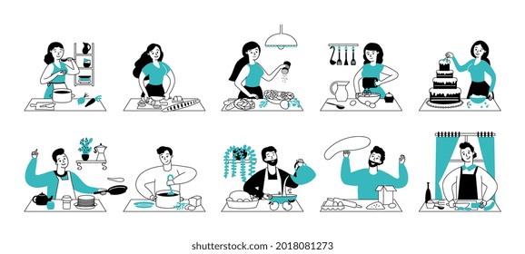 People cooking on kitchen. Woman preparing food, home cook service. Happy young chef person, man cutting and eat. Culinary decent vector set