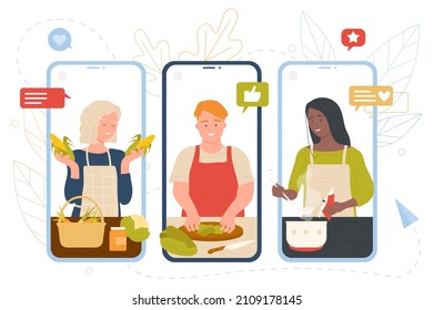 People cooking online on screens of mobile phones vector illustration. Cartoon chef woman and man holding, slicing vegetables to make healthy soup recipe from blog. Cooking service, culinary concept