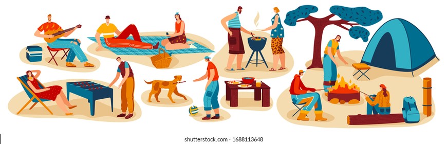 People cooking outdoor, summer barbecue picnic and camping with friends, set of cartoon characters isolated on white, vector illustration. Cookout grill bbq party, summertime leisure barbecue people