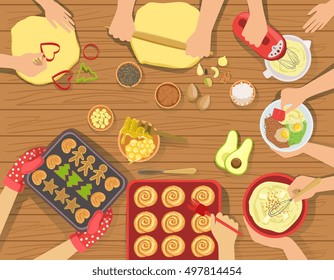 People Cooking Pastry And Other Food Together View From Above