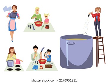 People cooking in a pot characters set, flat cartoon vector illustration isolated on white background. Casserole or pasta pot for kitchen and cooking.