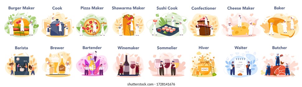 People cooking and preparing food set. Restaurant chef cooking Collection of man and woman in apron making tasty dish. Professional worker on the kitchen. Isolated vector illustration in cartoon style