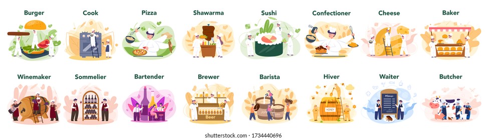 People cooking and preparing food set. Restaurant chef cooking Collection of man and woman in apron making tasty dish. Professional worker on the kitchen. Isolated vector illustration in cartoon style
