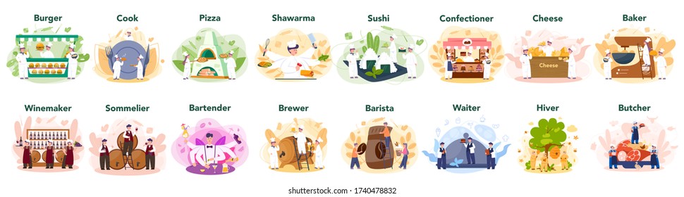People cooking and preparing food set. Restaurant chef cooking Collection of man and woman in apron making tasty dish. Professional worker on the kitchen. Isolated vector illustration in cartoon style