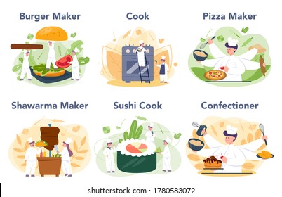 People cooking and preparing food set. Restaurant chef cooking Collection of man and woman in apron making tasty dish. Professional worker on the kitchen. Isolated vector illustration in cartoon style