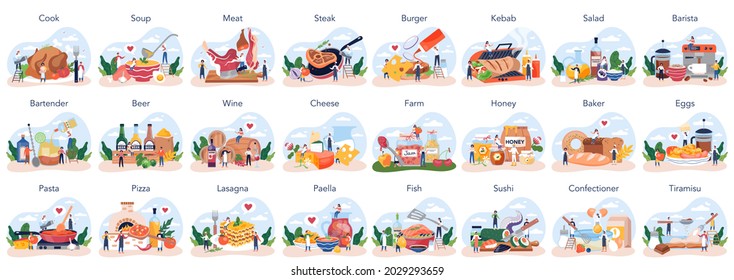 People cooking and preparing food set. Restaurant chef cooking Collection of man and woman in apron making tasty dish. Professional worker on the kitchen. Isolated vector illustration in cartoon style