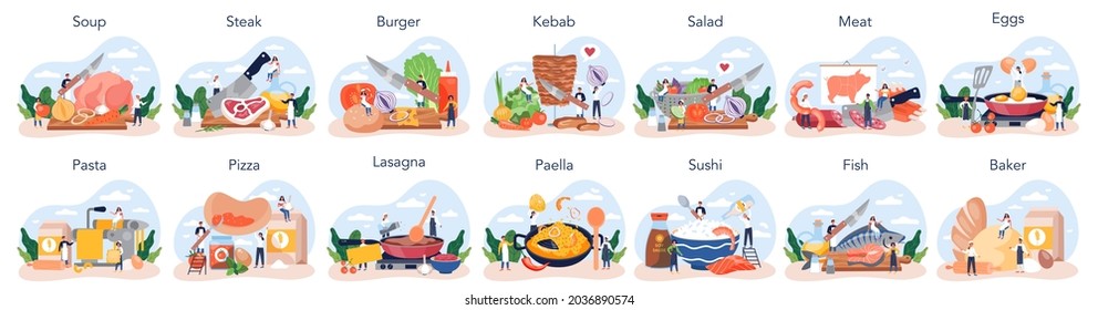 People cooking and preparing food set. Restaurant chef cooking Collection of man and woman in apron making tasty dish. Professional worker on the kitchen. Isolated vector illustration in cartoon style