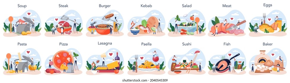 People cooking and preparing food set. Restaurant chef cooking. Collection of man and woman in apron making tasty dish. Professional worker on the kitchen. Flat vector illustration