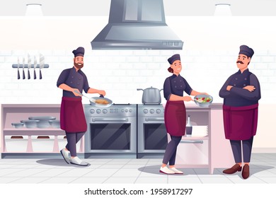 People cooking in restaurant kitchen. Professional chef with crew preparing food vector illustration. Horizontal panorama, culinary room interior background.