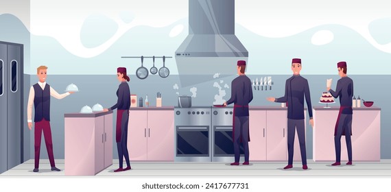 Leute kochen in der Restaurantküche. Professioneller Küchenchef mit Crew, der die Speisen zubereitet, Kellner mit Teller, Vektorgrafik. Horizontales Panorama, kulinarischer Innenhintergrund