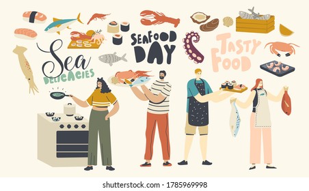 People Cooking Seafood Concept. Male and Female Characters Prepare Delicacies Fish, Crab and Octopus with Squid, Shrimps, Tuna and Lobster. Asian Cuisine Meals. Linear People Vector Illustration