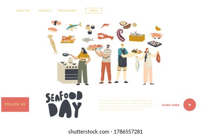 People Cooking Seafood Landing Page Template. Characters Prepare Delicacies Fish, Crab and Octopus with Squid, Shrimps, Tuna and Lobster. Asian Cuisine Meals. Linear People Vector Illustration