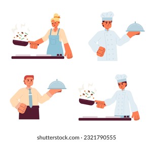 Gente cocinando caracteres vectoriales de color semi-plano. Medio cuerpo de línea delgada editable de macho y hembra sobre blanco. Sirviendo comida. Paquete simple de ilustraciones puntuales de dibujos animados para diseño gráfico web