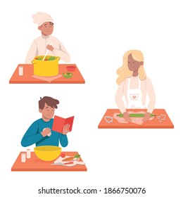 Equipo de cocina de la gente. Gente preparando comida saludable en sopa de cocina, ensalada y galletas.  Ilustración vectorial plana con carácter de caricatura.