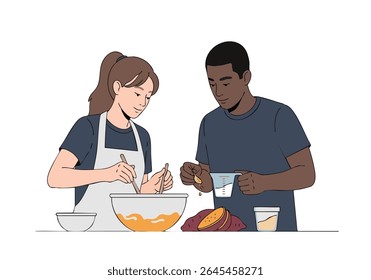 Pessoas cozinhando receita de batata doce em conjunto dentro de casa