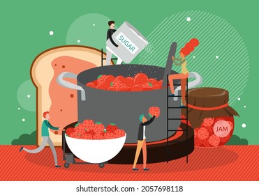 People cooking tasty dessert, handmade food strawberry jam in large pan, flat vector illustration. Fruit jam making.