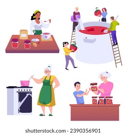 La gente cocina deliciosa mermelada en una enorme sartén. Jares de vidrio con ilustraciones vectoriales de mermelada de frutas o de bayas. Mujer mayor regala al niño con postre de conservación hecho a mano aislado en blanco