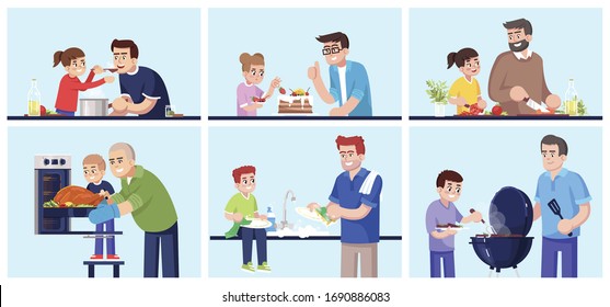 People cooking together, fathers and children preparing food flat vector illustrations set. Smiling daddies and kids, family members with kitchen stuff isolated cartoon characters kit