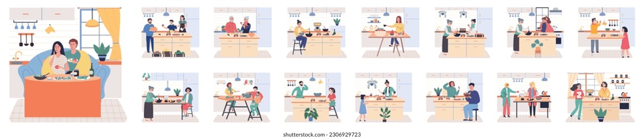 People cooking vegetarian food. People cooking at home, happy couple at kitchen. Home cooking room with wooden dining table. Home kitchen cooking, man and woman together preparation breakfast