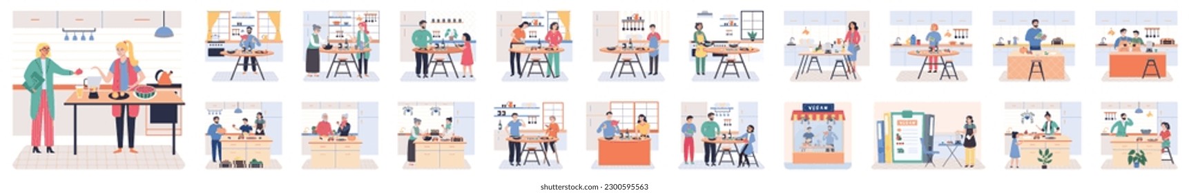 People cooking vegetarian food. Vector illustration. Chef cooks preparing food cook hands on the kitchen table. Set with people who cook and utensils. Food and cooking banner. Cooking vegatable