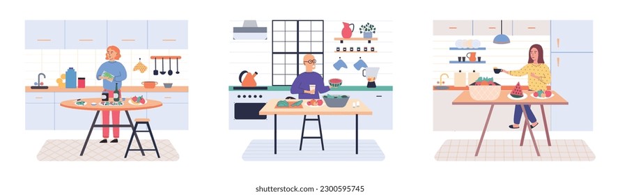 La gente cocina comida vegetariana. Ilustración vectorial. Gente sonriente cocinando en la mesa de cocina interior de casa. Caracteres cocinando ensaladas frescas y otras comidas saludables a partir de verduras frescas