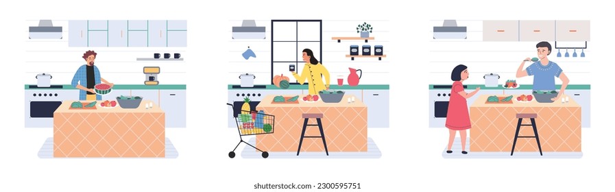 People cooking vegetarian food. Vector illustration. Set of characters cooking meal home. Woman preparing food for dinner. People cooking. Wife preparing healthy alternative from vegetarian nutrition