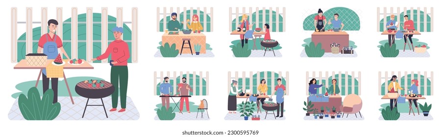 People cooking vegetarian food. Vector illustration. Cook healthy food at home. Healthy organic vegan food. Cute girl cooking homemade meals in kitchen. Cooking dietary dishes. Woman cutting salad