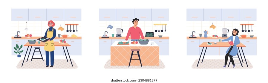 People cooking vegetarian food. Vector illustration. Homemade food, dinner, cozy atmosphere. Happy family cooking dinner together in modern kitchen. Parents and kids preparing lunch isolated on white