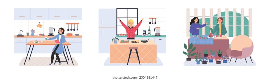 People cooking vegetarian food. Vector illustration. Kitchen interior with furniture. Vegan and natural, green diet eating lifestyle tiny person. Collection of people cooking home. Cook healthy food