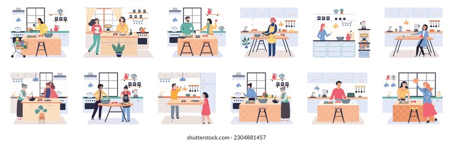 People cooking vegetarian food. Vector illustration. Homemade food, dinner, cozy atmosphere. Happy family cooking dinner together in modern kitchen. Parents and kids preparing lunch isolated on white